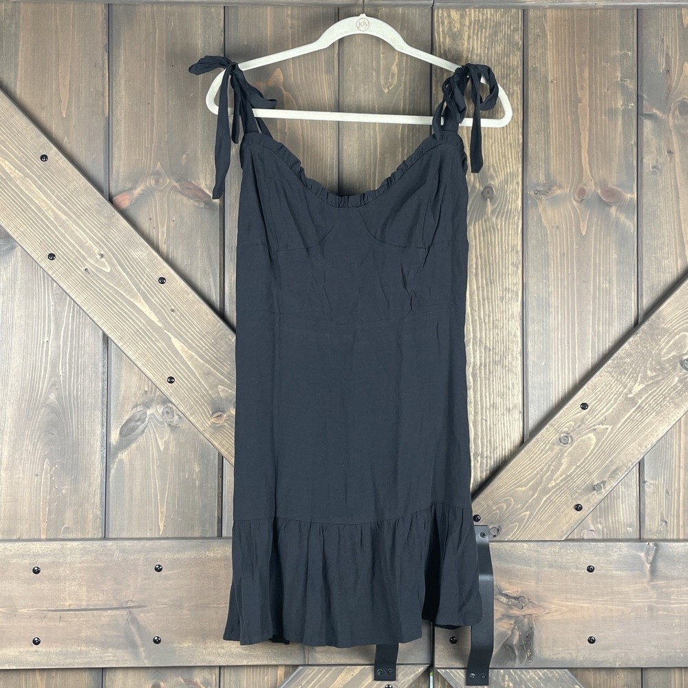 NWT Crescent Self Tie Straps Black Ruffle Mini Dress Smocked Back Women's L